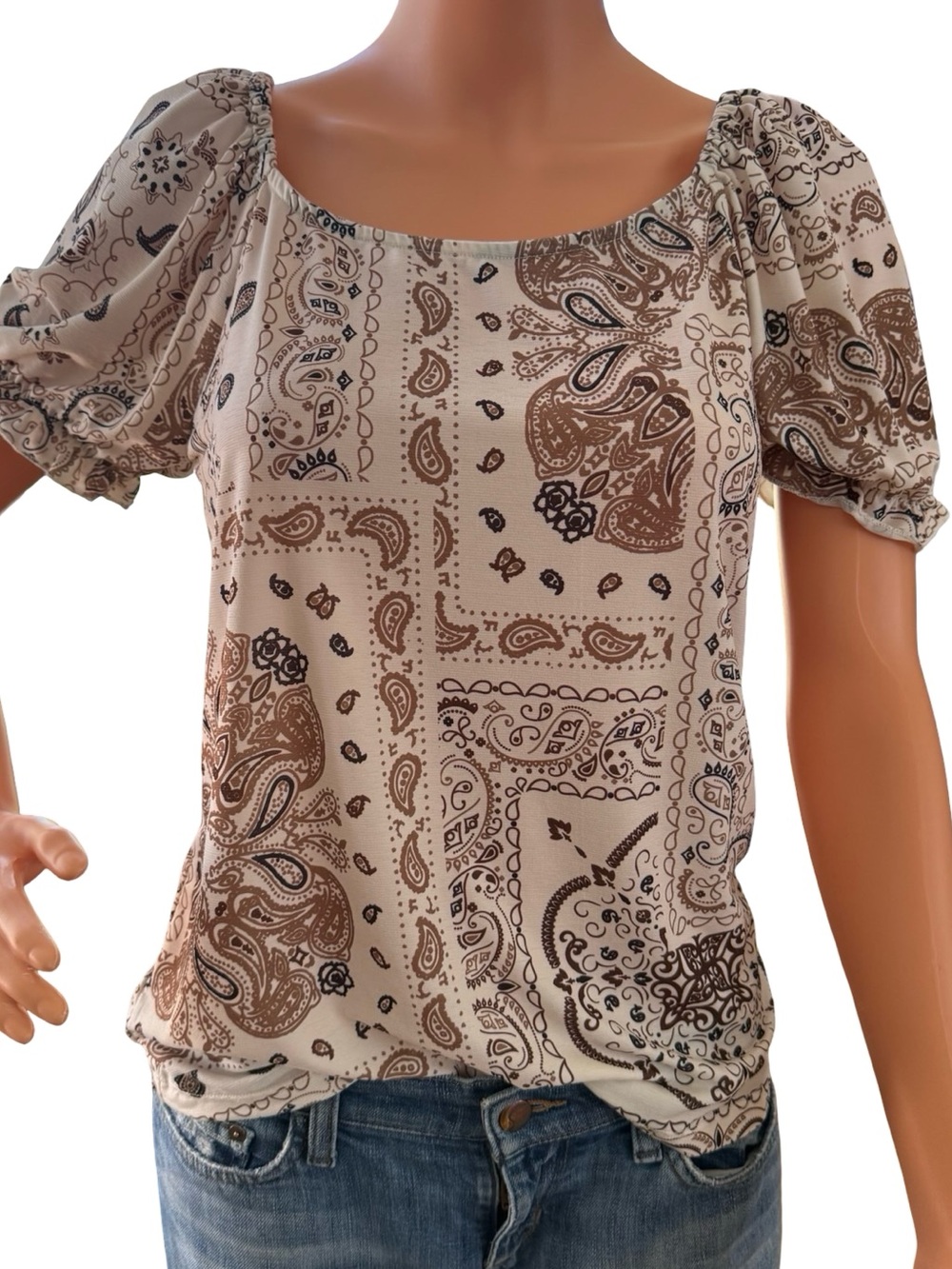Women's Cream Paisley Puff-Sleeve Top
